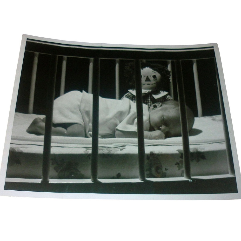 Vintage 1972 Tom Curran B&W Photo Andy's Vigil Raggedy Ann Baby Crib Exhibition